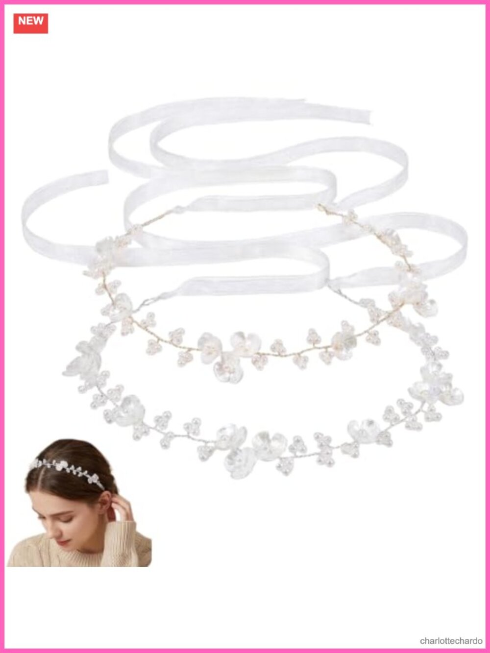 2 Pcs Faux Pearl Flower Bridal Headband Set with Satin Ribbon Ties